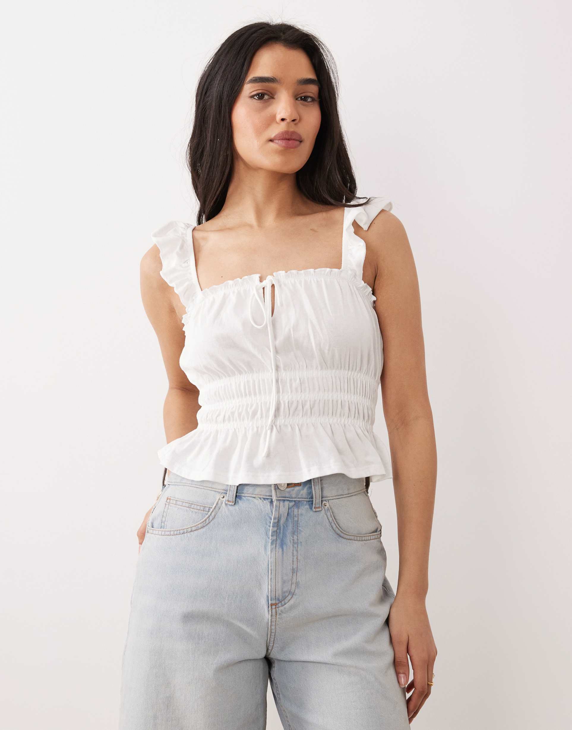 miss selfridge shirred top with ruffle sleeves in white