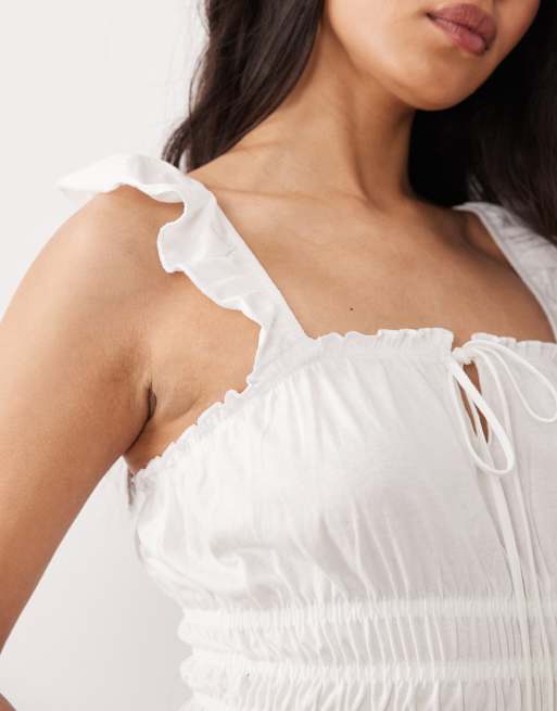 Miss Selfridge shirred top with ruffle sleeves in white, 4 of 4