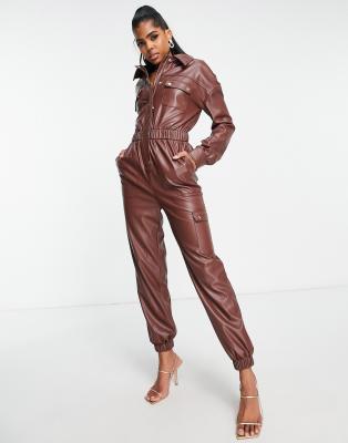 shirred waist faux leather jumpsuit in chocolate-Black