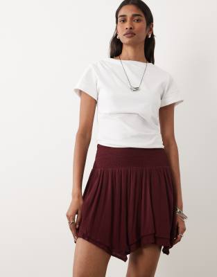 Miss Selfridge Shirred Waist Hanky Hem Mini Skirt In Brown