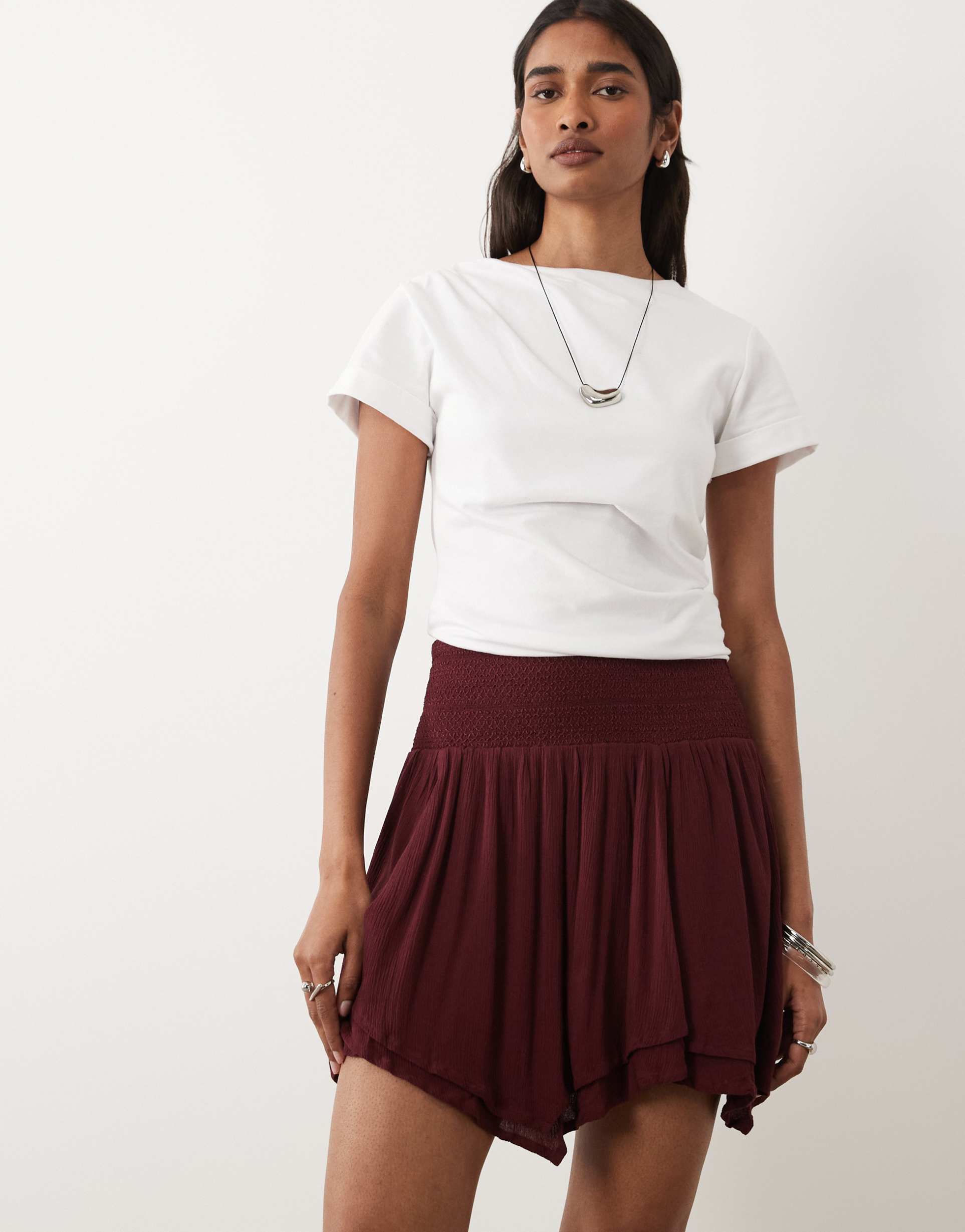miss selfridge shirred waist hanky hem mini skirt in fig