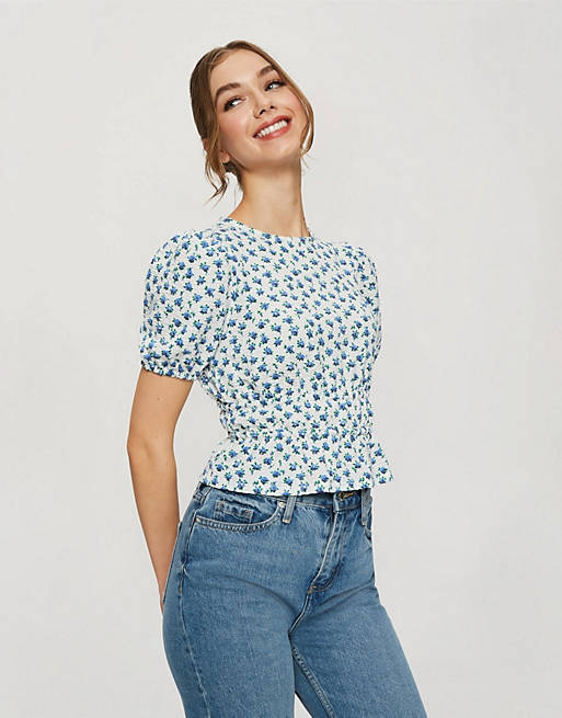  Shirts & Blouses/Miss Selfridge shirred waist top in blue floral 