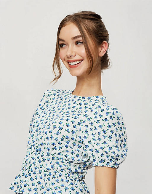  Shirts & Blouses/Miss Selfridge shirred waist top in blue floral 