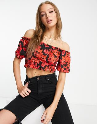 Miss Selfridge Shirring Bardot Top In Red Multi