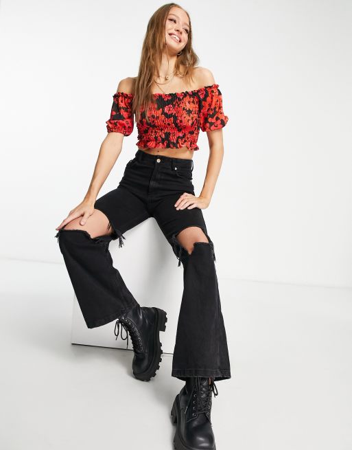 Miss Selfridge shirring bardot top  in red multi , 2 of 4