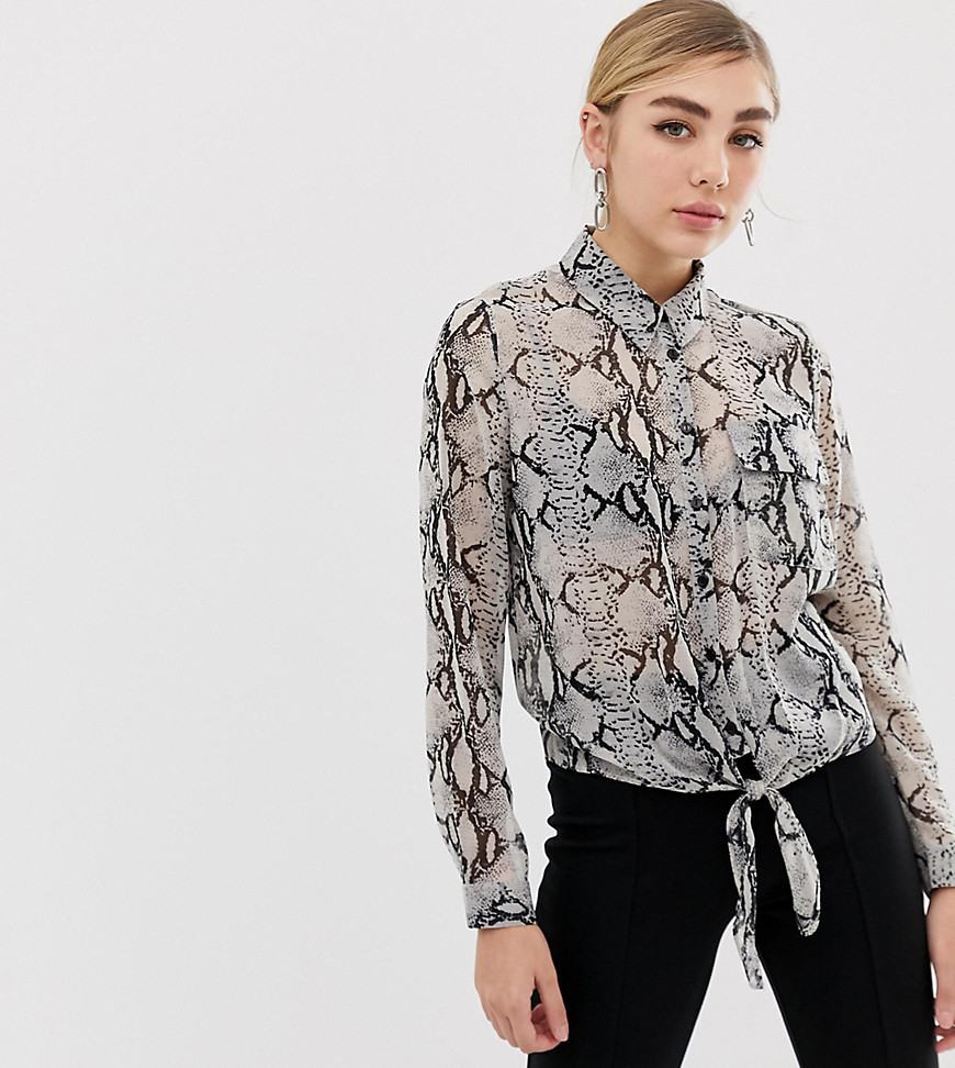 Miss Selfridge shirt with tie front in snake print-Grey