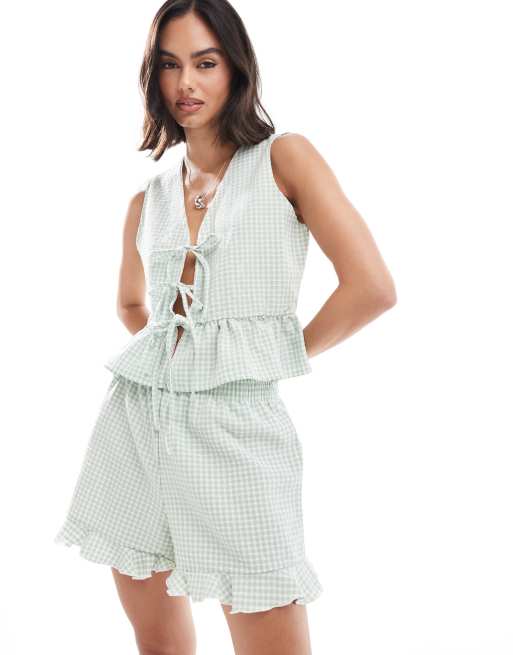 Miss Selfridge - Short d'ensemble à volants et carreaux vichy - Sauge, 2 de 4