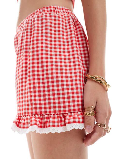 Miss Selfridge - Short d'ensemble bordé de dentelle à carreaux vichy - Rouge, 3 de 5