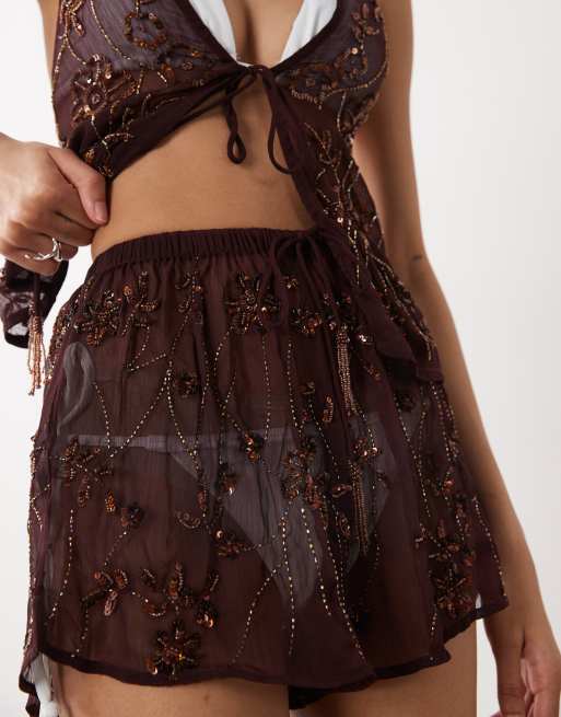 Miss Selfridge - Short d'ensemble de plage de qualité supérieure à ornements - Chocolat, 3 de 5