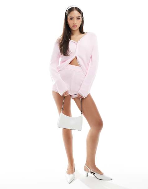 Miss Selfridge - Short d'ensemble moulant en maille avec bordures dentelle - Rose - view 1