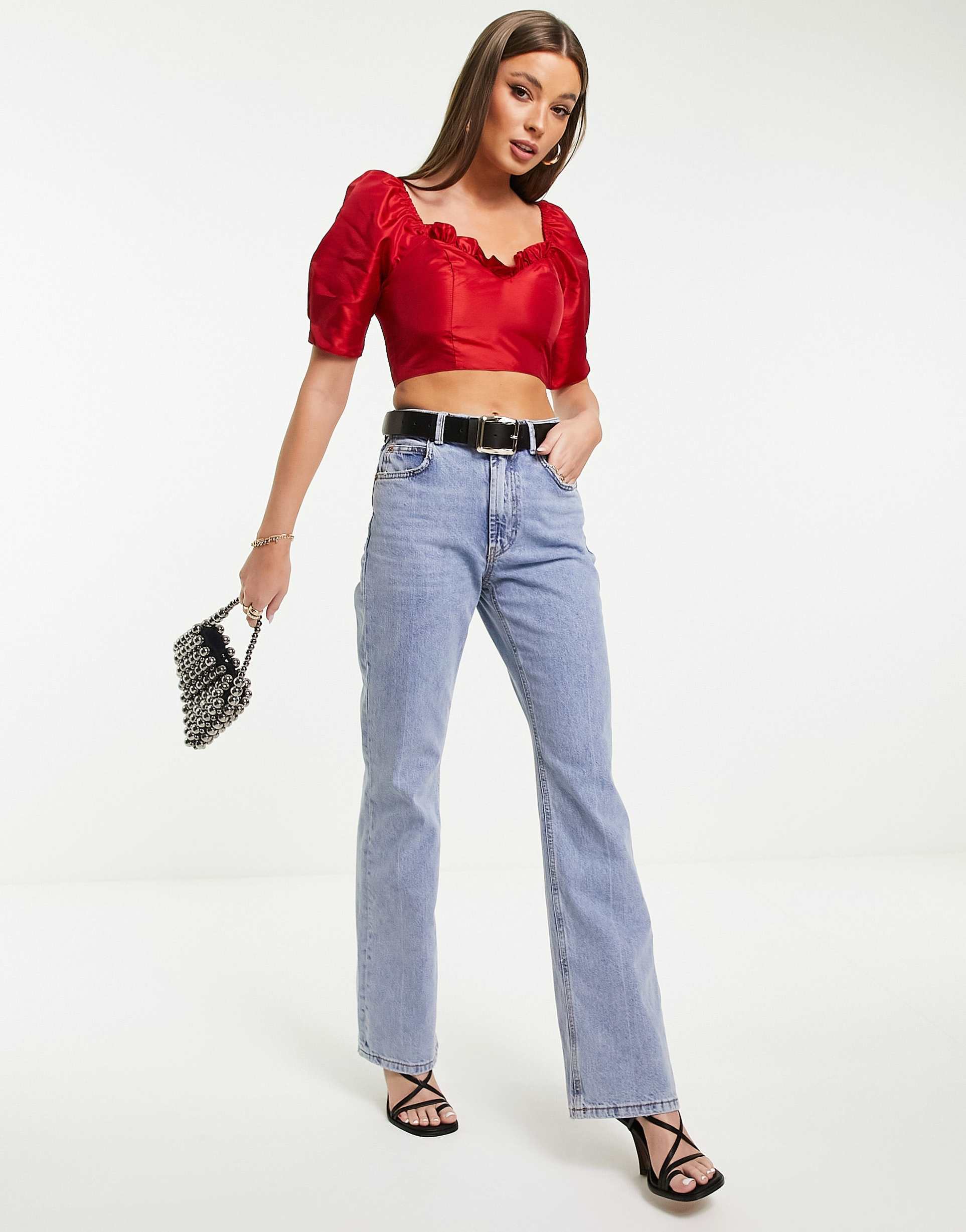 miss selfridge short frill wrap tafetta top in red
