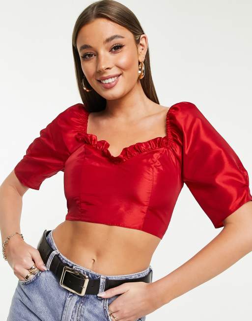 Miss Selfridge short frill wrap tafetta top in red
