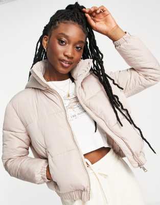 Miss Selfridge Short Hooded Puffer Jacket In Mink neutral In White ModeSens