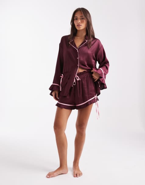 Miss Selfridge short satin pajama set in fig - view 1