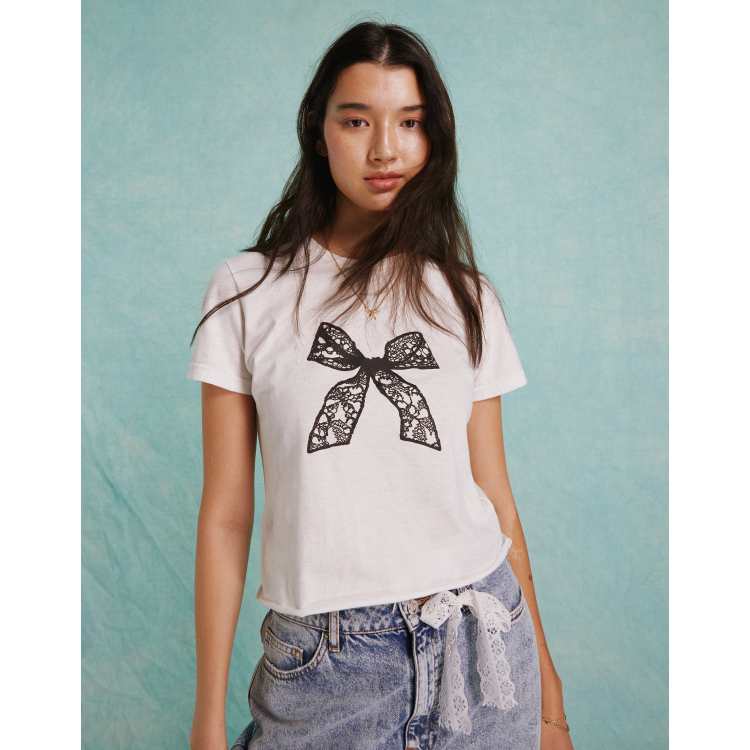 Miss Selfridge short sleeve baby tee with lace bow graphic in white