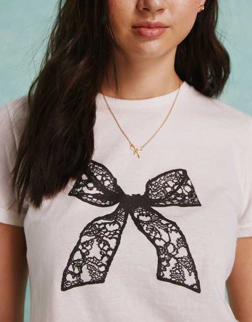 Miss Selfridge short sleeve baby tee with lace bow graphic in white, 3 of 4