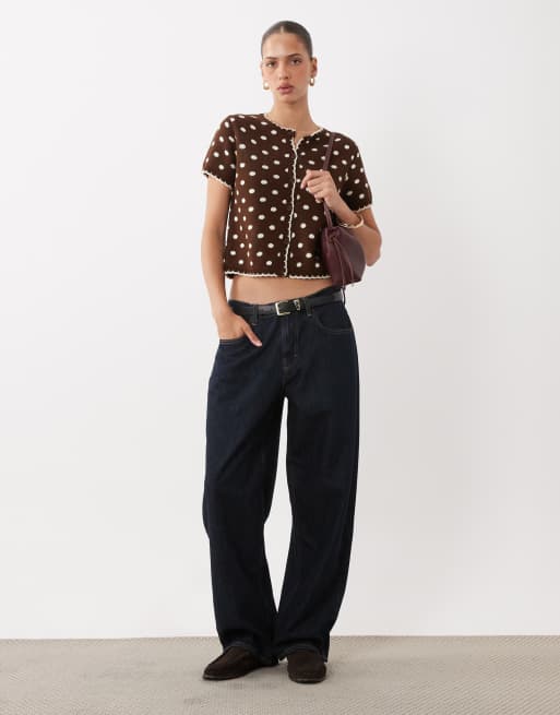 Miss Selfridge short sleeve blanket stitch cardigan co-ord in choc polka dot, 2 of 4