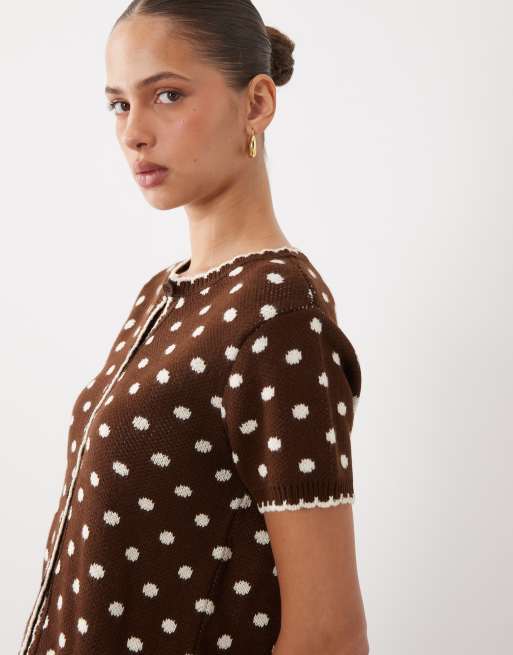 Miss Selfridge short sleeve blanket stitch cardigan co-ord in choc polka dot, 3 of 4