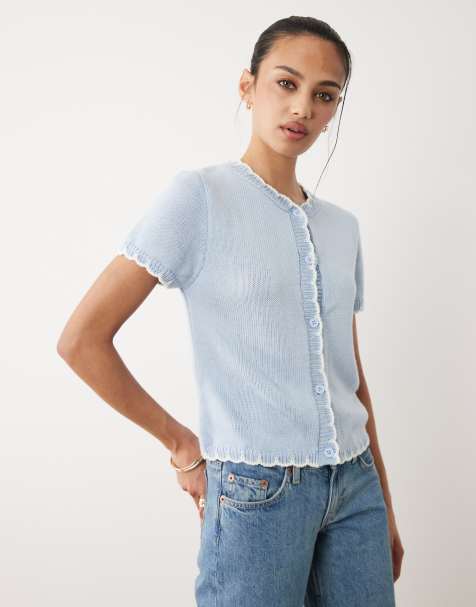 Miss Selfridge short sleeve blanket stitch cardigan in blue - view 1