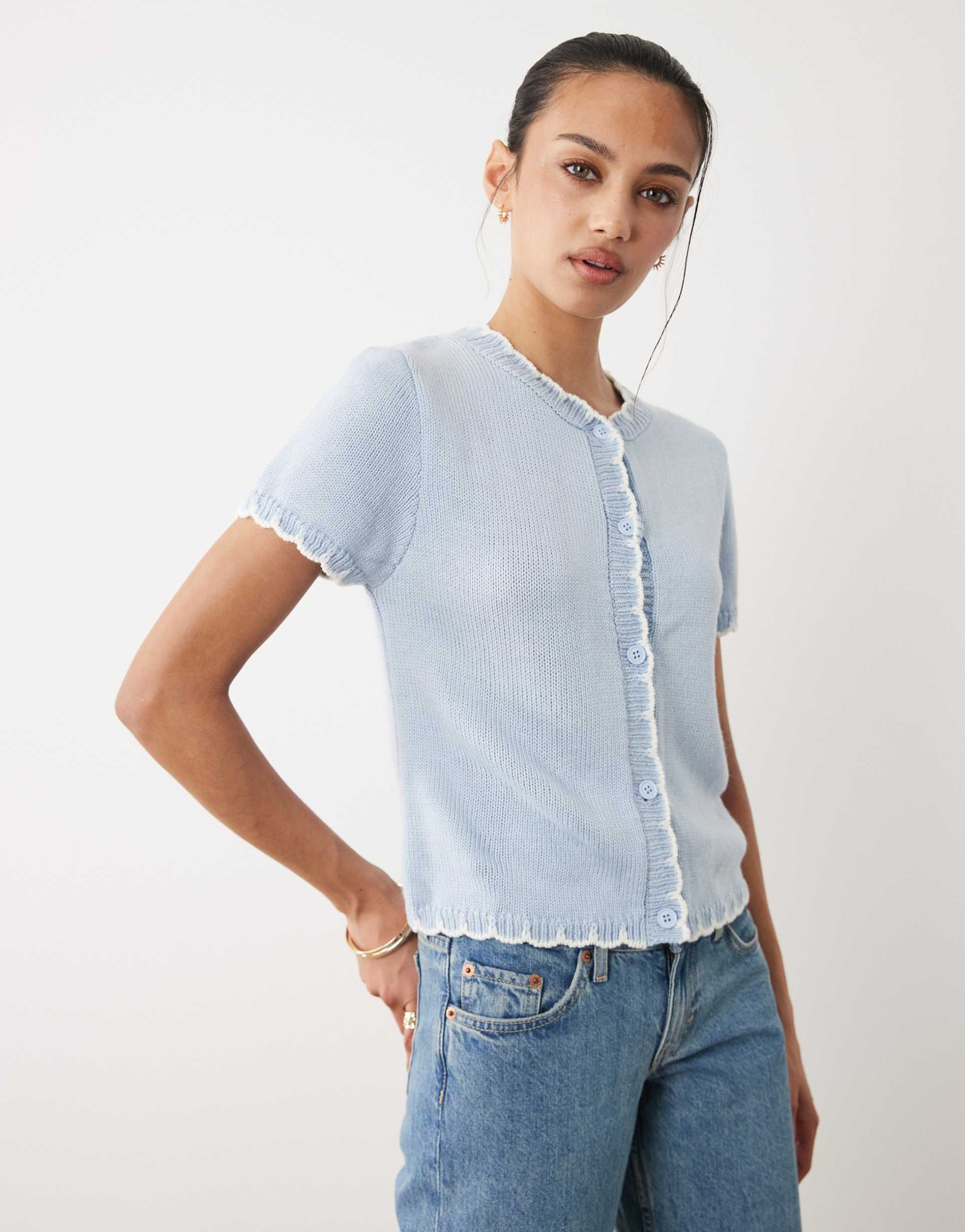 miss selfridge short sleeve blanket stitch cardigan in blue