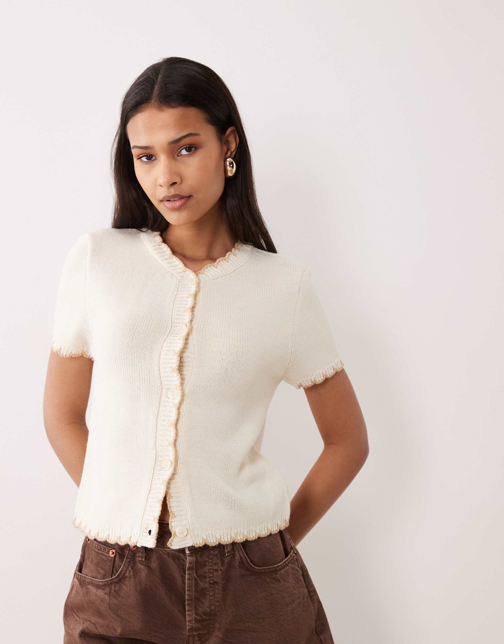 miss selfridge short sleeve blanket stitch cardigan in cream