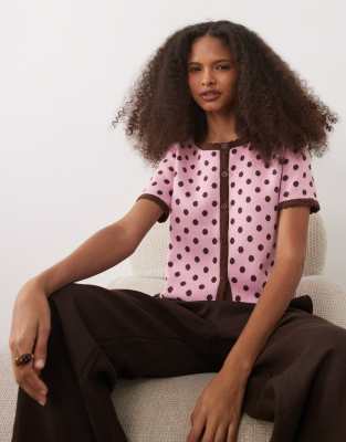 Miss Selfridge Short Sleeve Blanket Stitch Cardigan In Pink