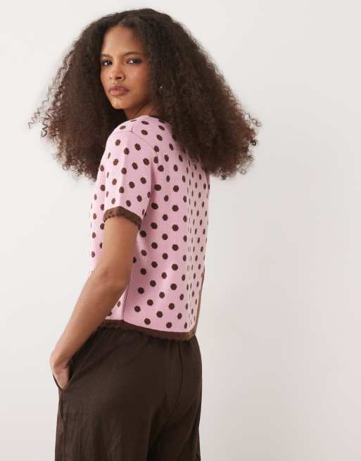 Miss Selfridge short sleeve blanket stitch cardigan in polka dot, 2 of 4