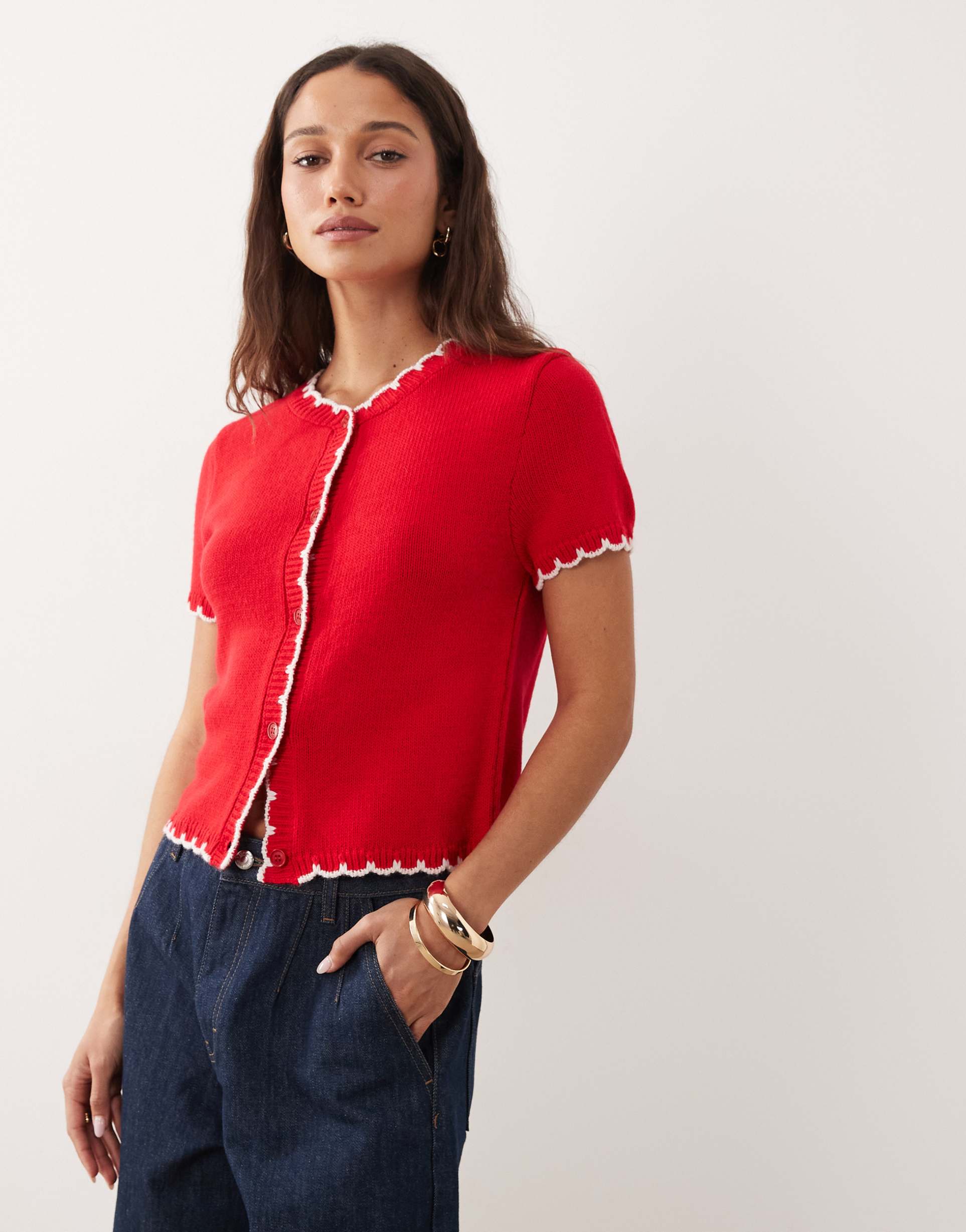 miss selfridge short sleeve blanket stitch cardigan in red