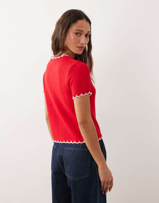 Miss Selfridge short sleeve blanket stitch cardigan in red, 2 of 4