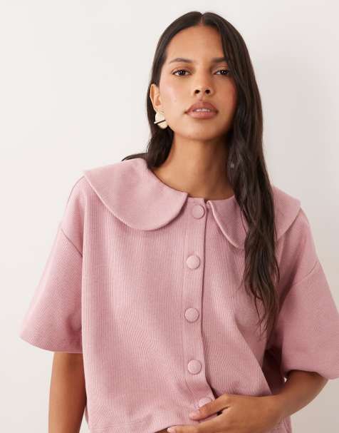 Miss Selfridge short sleeve button through top with peter pan collar in mauve pink - view 1