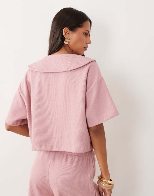 Miss Selfridge short sleeve button through top with Peter Pan collar in mauve pink, 2 of 4