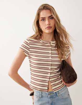 Miss Selfridge Short Sleeve Button Up Top In Brown
