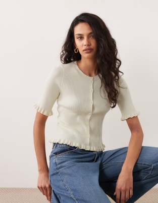 Miss Selfridge Short Sleeve Cardigan With Flute Sleeve In Neutral