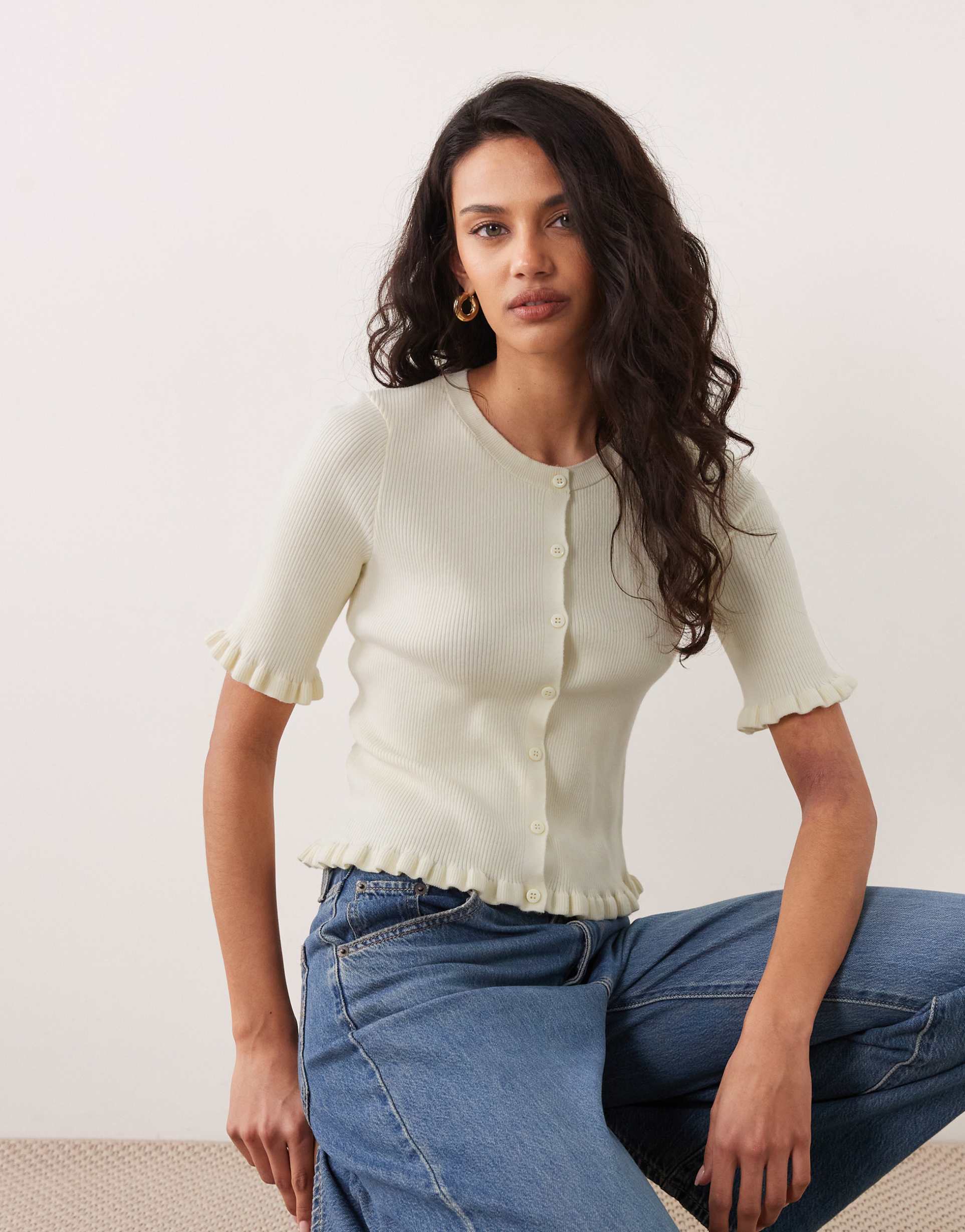 miss selfridge short sleeve cardigan with flute sleeve in buttermilk yellow