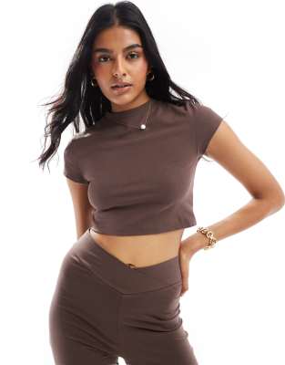 Miss Selfridge short sleeve crop top co-ord in chocolate-Brown