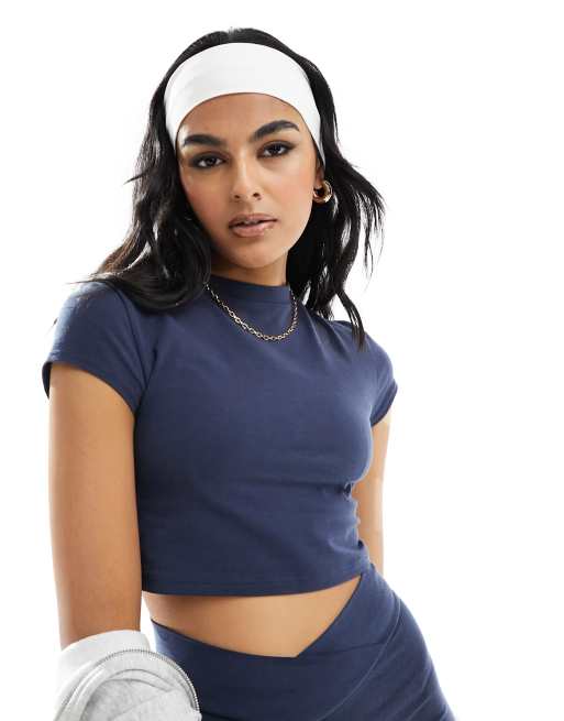 Miss Selfridge short sleeve crop top co-ord in navy blue, 2 of 4