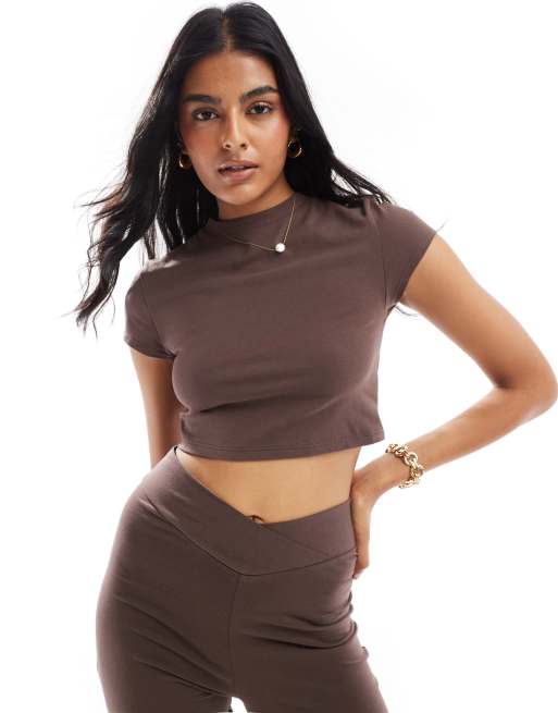 Miss Selfridge short sleeve crop top in chocolate (part of a set)