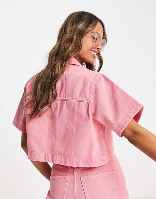 Miss Selfridge short sleeve cropped denim jacket in pink ASOS