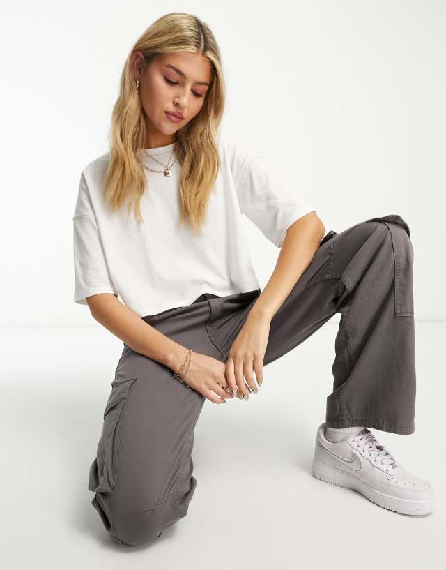 Miss Selfridge short sleeve cropped oversized boxy t shirt with seam detail in white