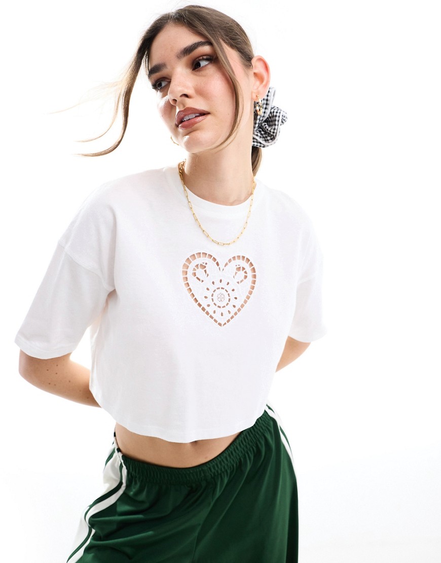 Miss Selfridge short sleeve cropped t-shirt with heart broderie detail in white