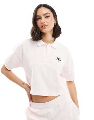 Miss Selfridge short sleeve cropped tennis polo top co-ord in pink-No colour