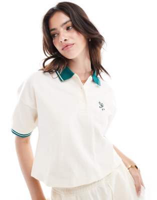 short sleeve cropped tennis polo top in cream - part of a set-White