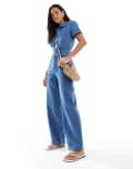 [Miss Selfridge] Miss Selfridge short sleeve denim jumpsuit in mid wash-Blue 4 Mid wash