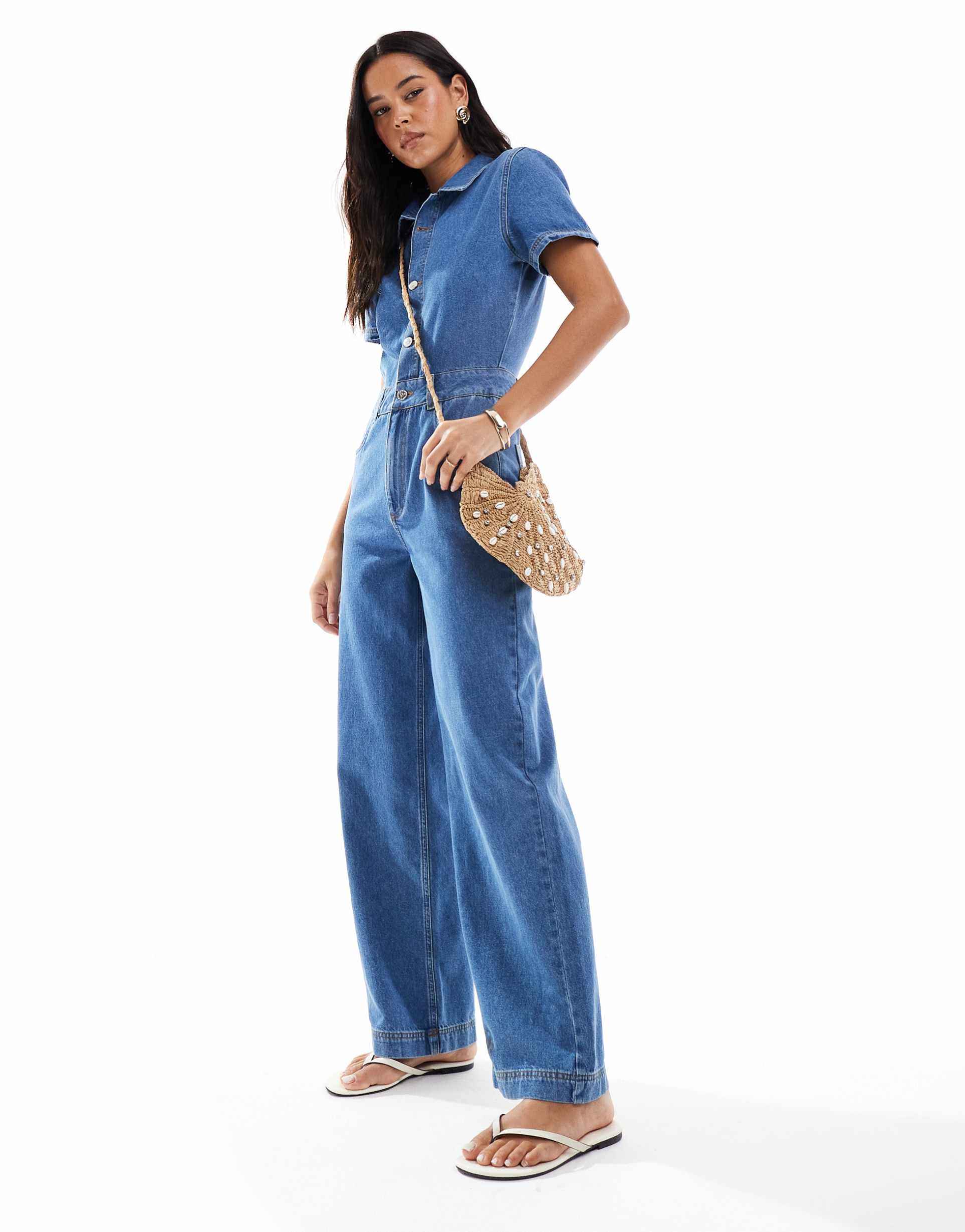 miss selfridge short sleeve denim jumpsuit in mid wash