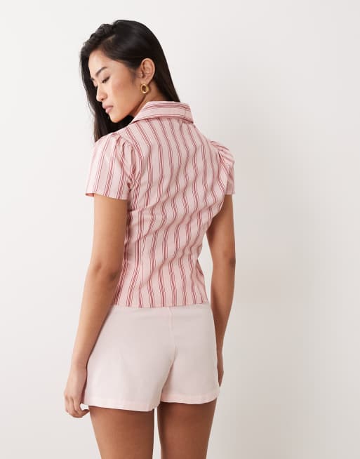 Miss Selfridge short sleeve fitted shirt in pink pinstripe, 4 of 4