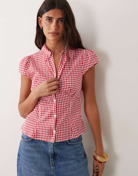 Miss Selfridge short sleeve fitted shirt in red gingham - view 1