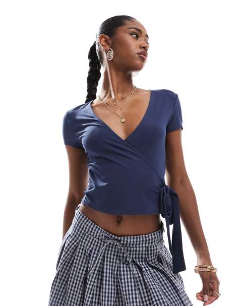 Miss Selfridge short sleeve jersey wrap top in navy - view 1