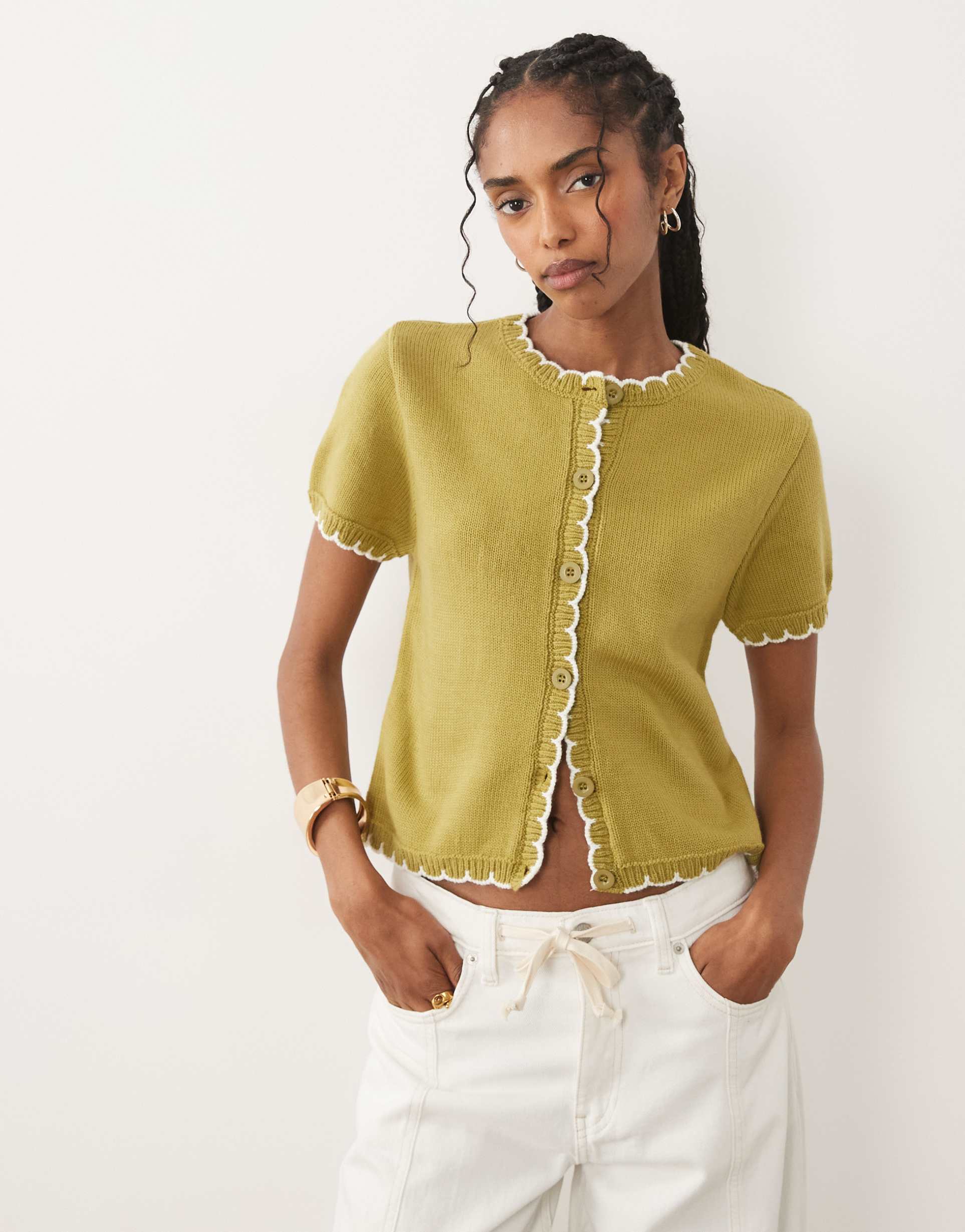 miss selfridge short sleeve knit blanket stitch cardigan in green