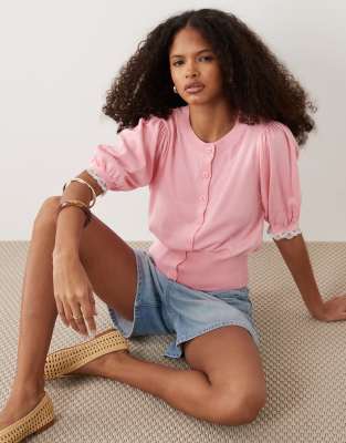 Miss Selfridge Short Sleeve Knit Cardigan With Balloon Sleeves In Pink