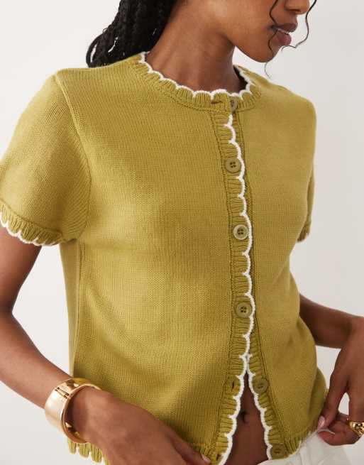 Miss Selfridge short sleeve knitted blanket stitch cardigan in green, 2 of 4